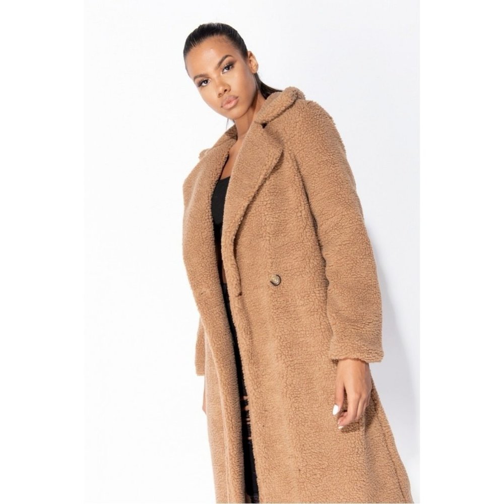 Brown Double Breasted Long Sleeve Long Maxi Borg Teddy Bear Fur Coat - Picture 8 of 11